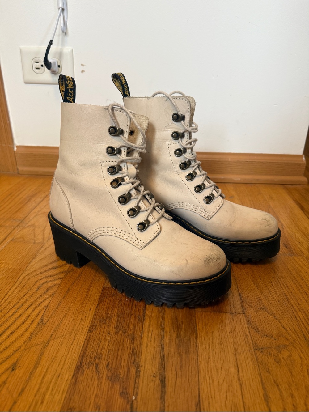 Dr. Martens Leona Cream Platform Lace-Up Combat Boots